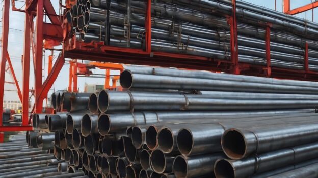 Tubos galvanizados de aço empilhados em ambiente industrial, utilizados em estruturas metálicas e sistemas hidráulicos devido à alta resistência à corrosão.