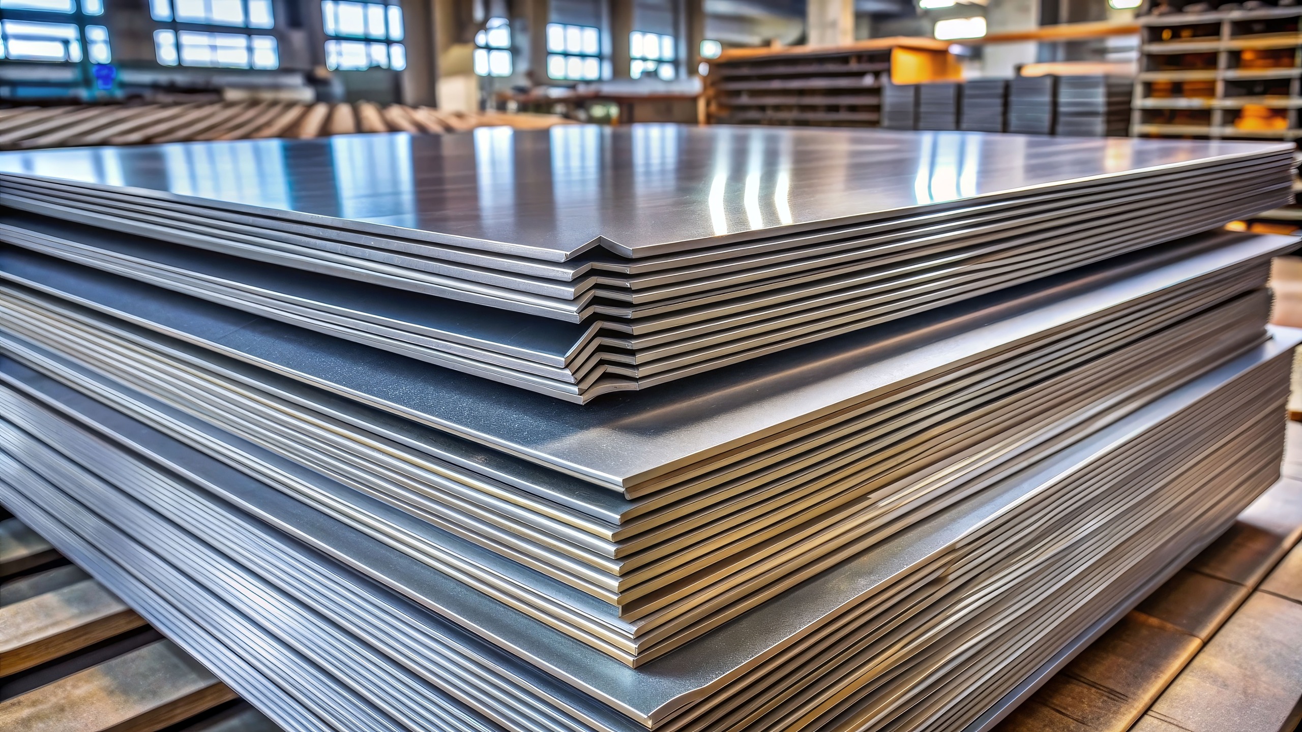 Chapas de aço empilhadas em ambiente industrial, utilizadas na construção civil e na fabricação de estruturas metálicas e equipamentos.